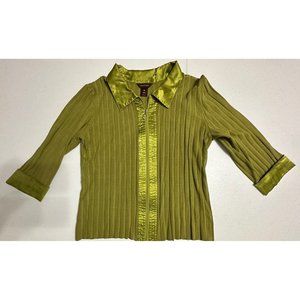 Multiples Green Full Zip 3/4‎ Sleeve Sweater Top Ribbed Satin Trim Stretch XL